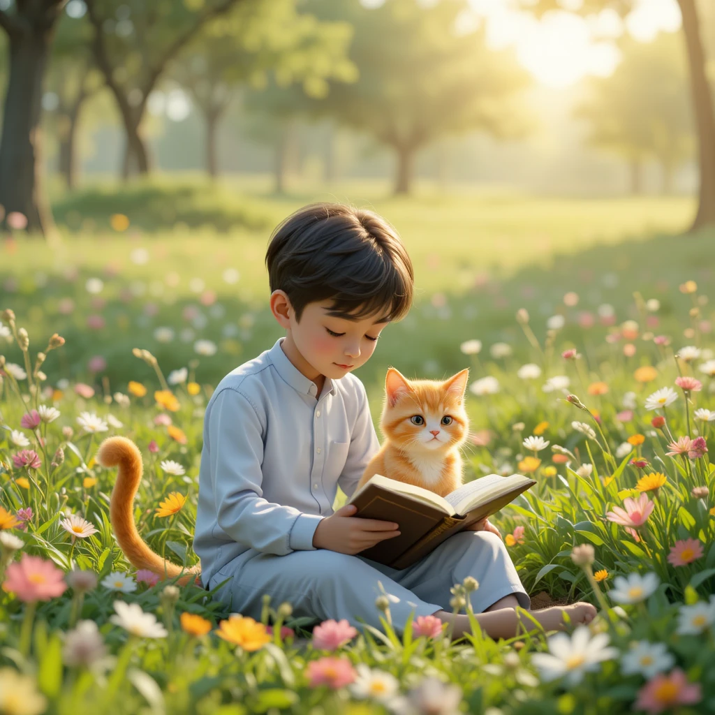 Junger Junge liest den Koran auf einer sonnigen Blumenwiese