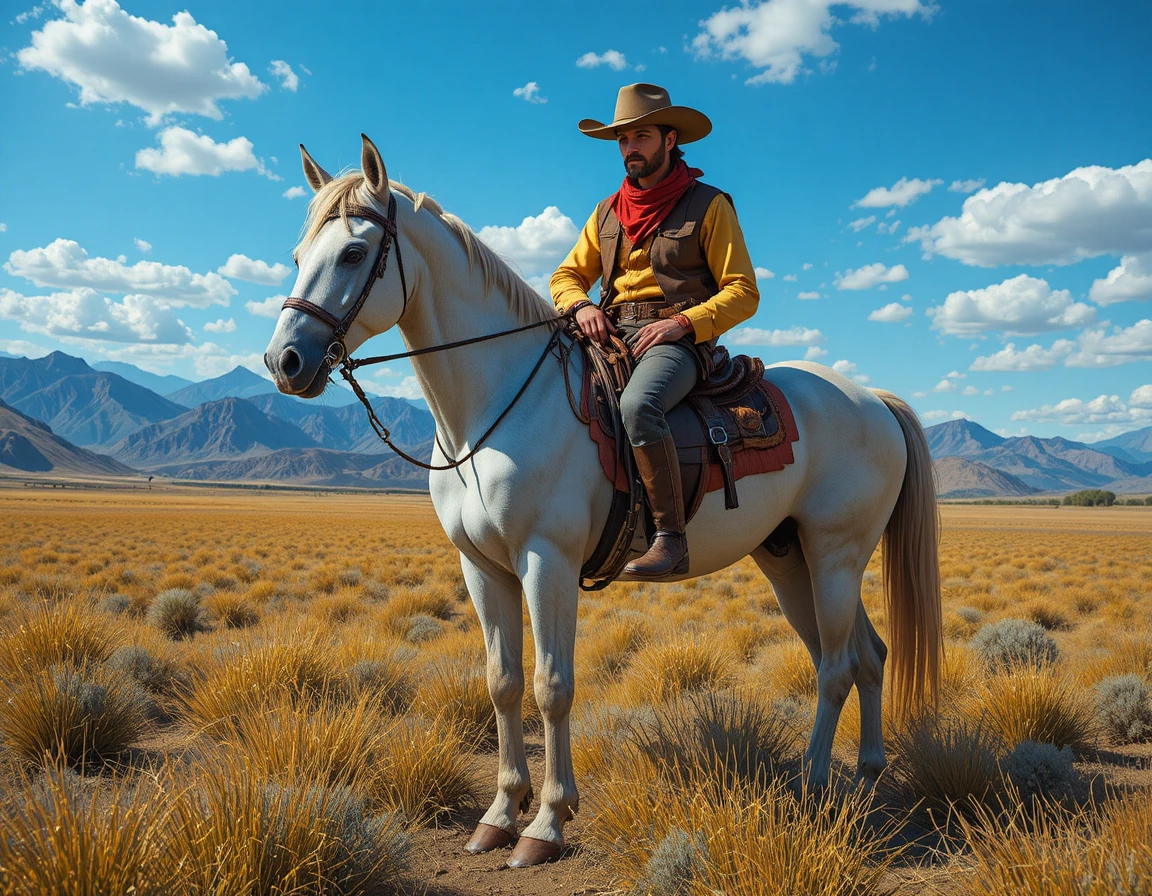 Entschlossener Cowboy mit weißem Pferd in herbstlicher Graslandschaft