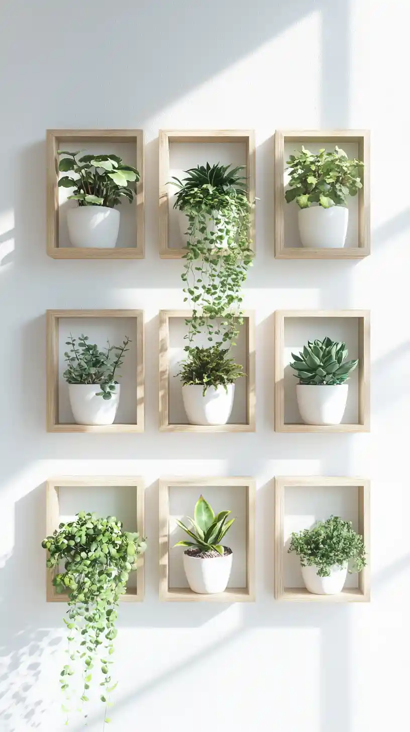 Mur de galerie minimaliste avec plantes d’intérieur en pots dans des cadres en bois