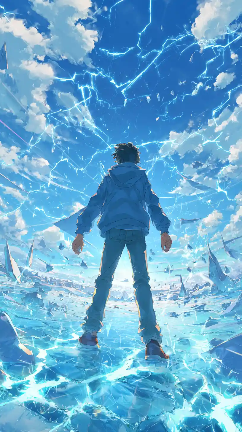 Man in blue stands over cracked ice under stormy blue sky