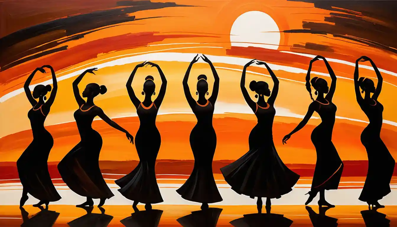 African dancers in silhouette against glowing orange background