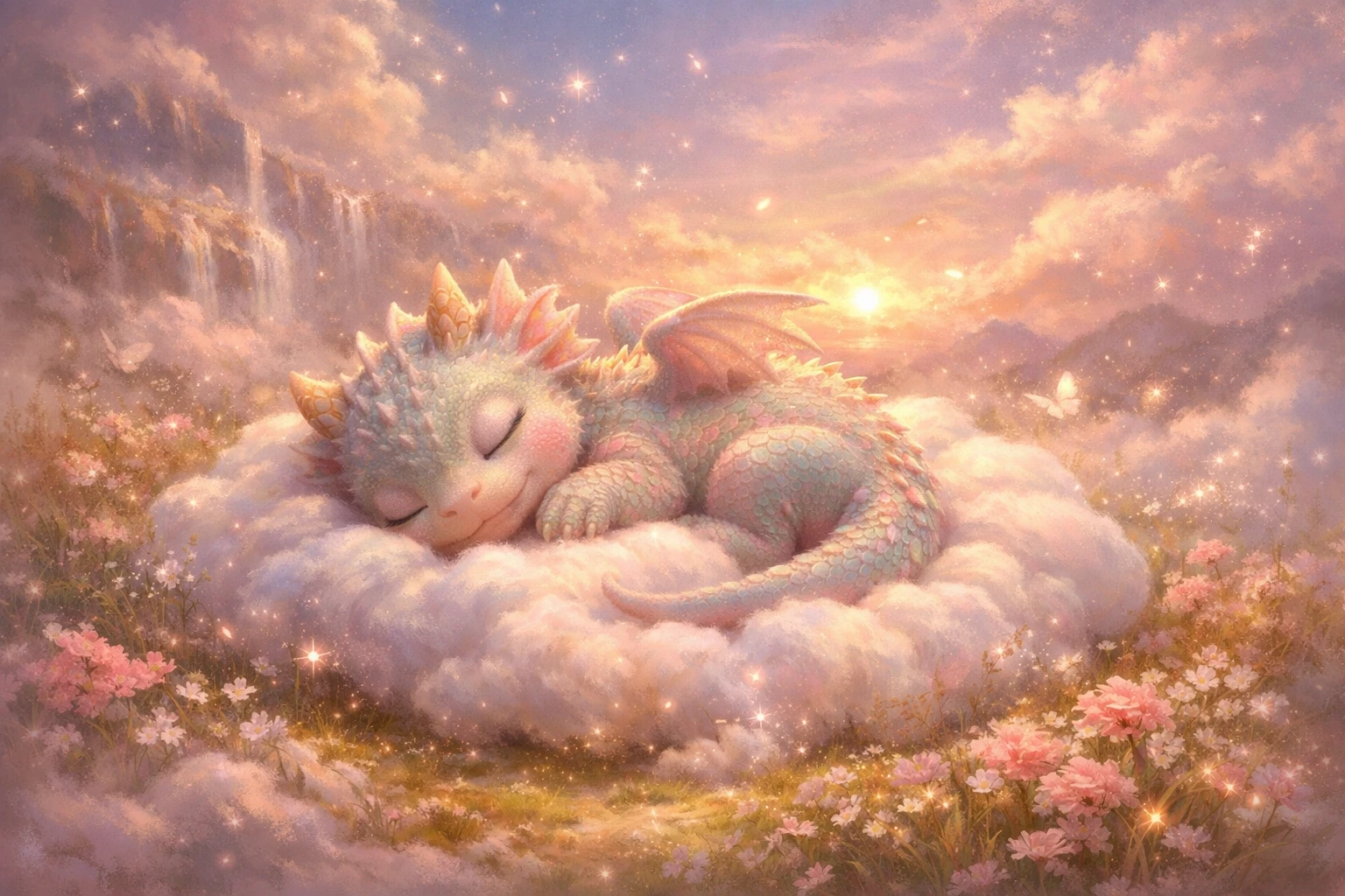 幻想草原中躺在柔軟雲朵上熟睡的小幼龍