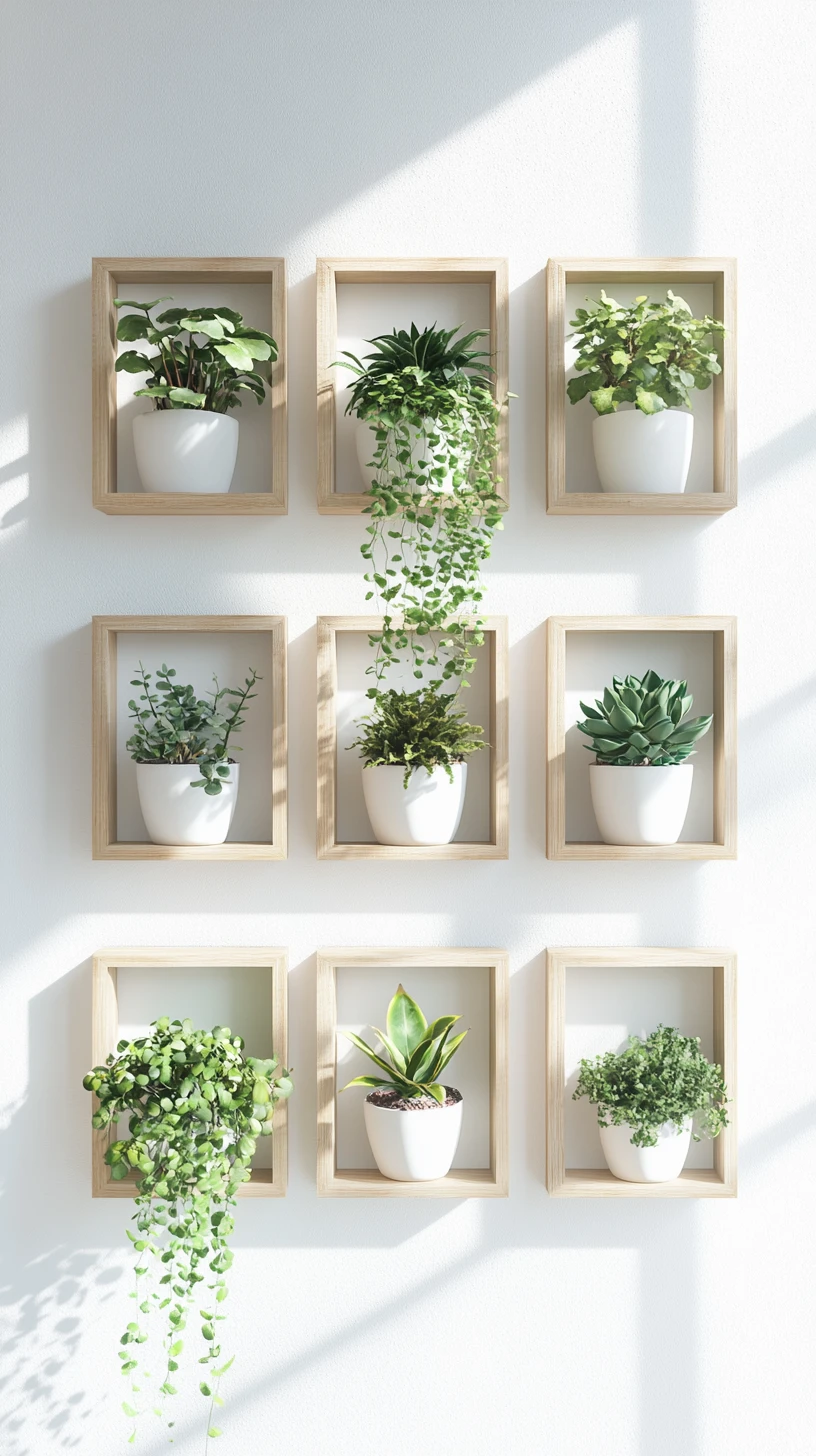 Mur de galerie minimaliste avec plantes d’intérieur en pots dans des cadres en bois