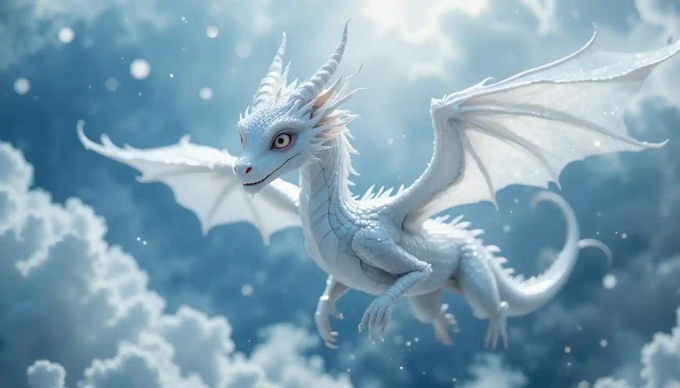 White dragon soaring above deep blue crystal sky