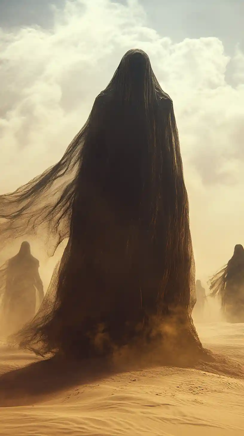 Shrouded giant figure towering over robed silhouettes in desert
