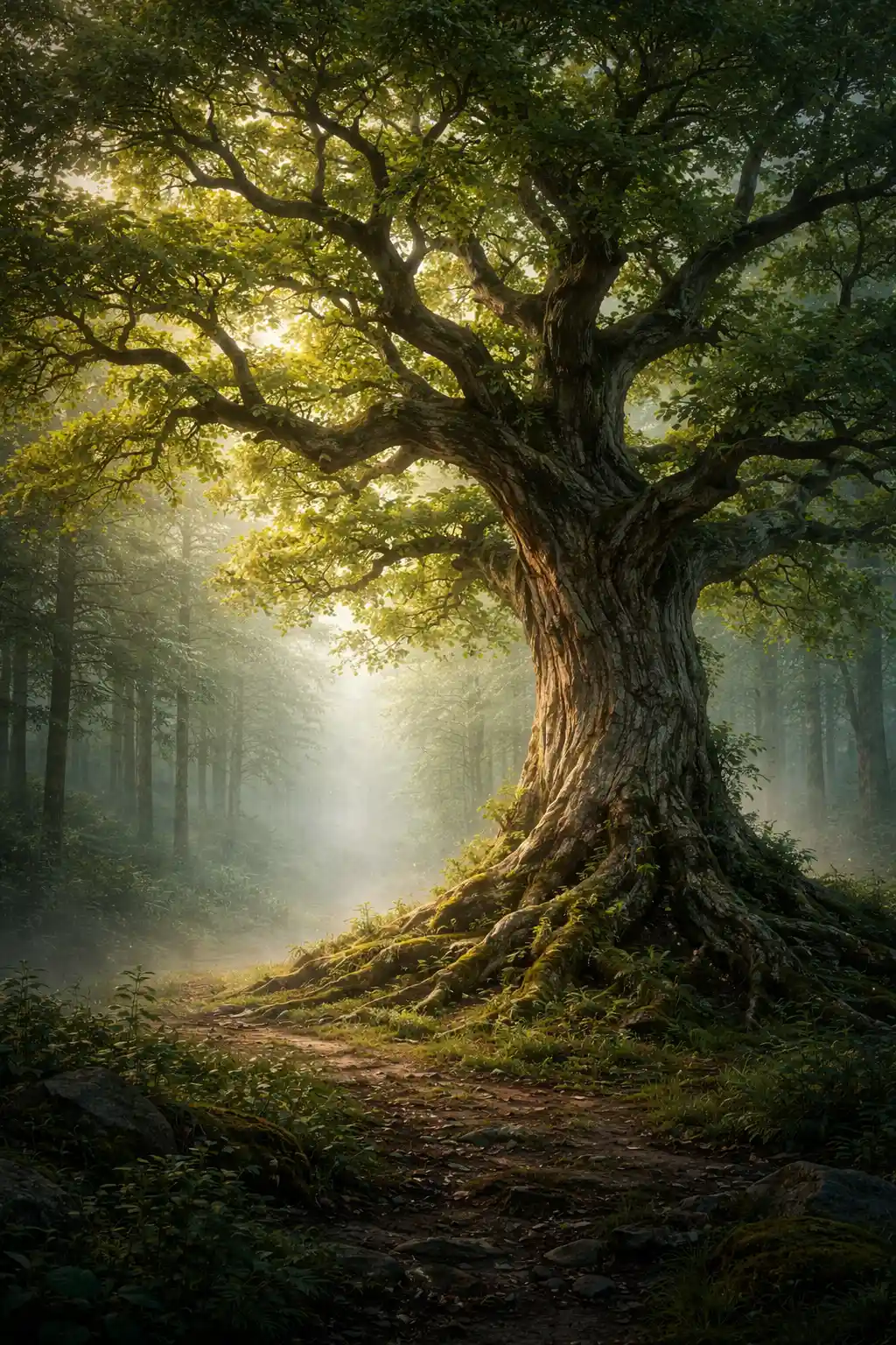 Ancient elder tree glowing at the edge of a misty forest