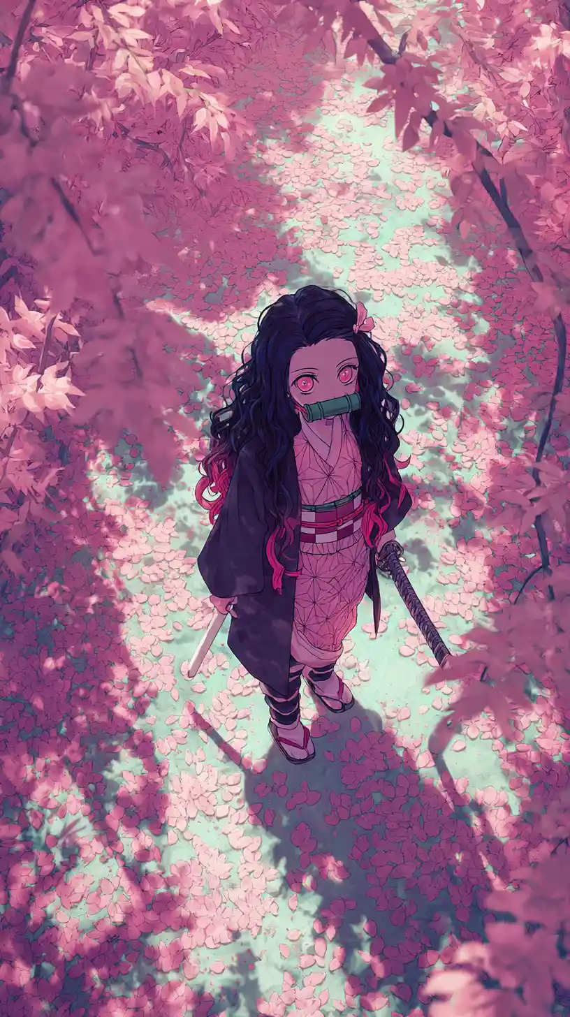 Ragazza anime con katana in una foresta rosa di ciliegi in fiore