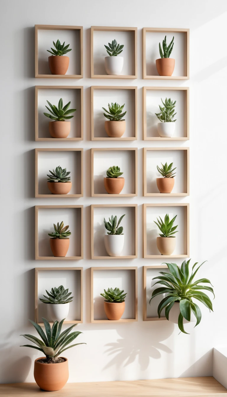 Parede galeria minimalista com plantas de interior em molduras de madeira