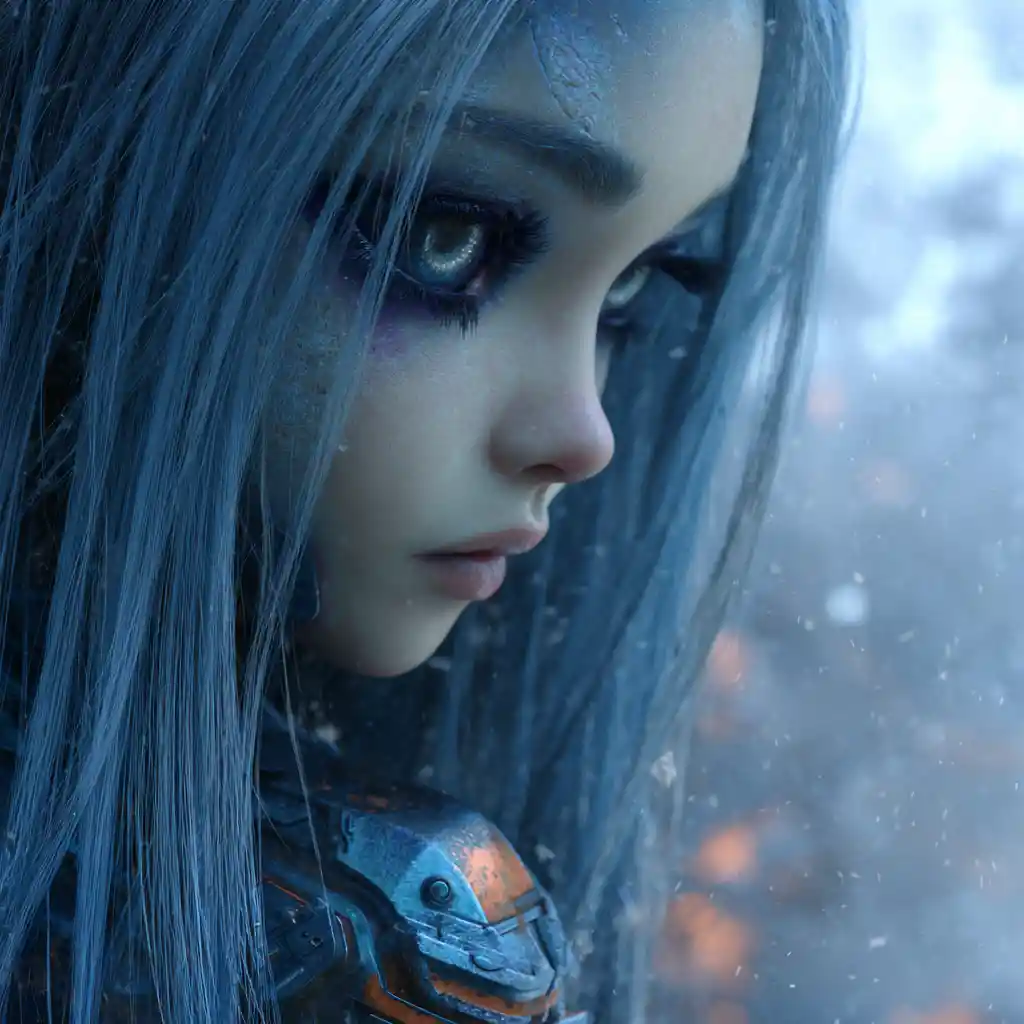Donna cyberpunk malinconica in un paesaggio post-apocalittico avvolto nella nebbia