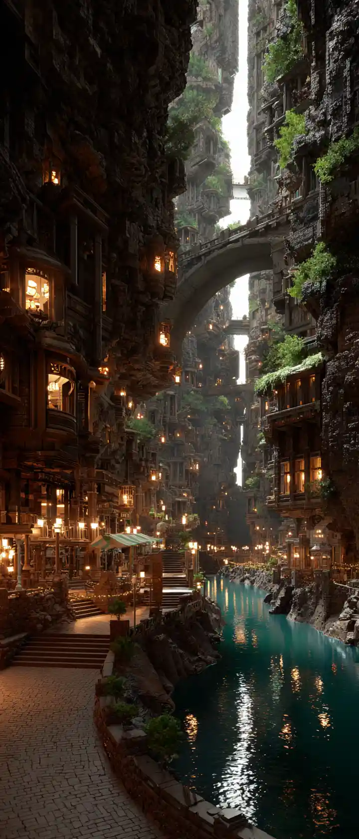 Città fantastica nel canyon con ponti e cascate luminose