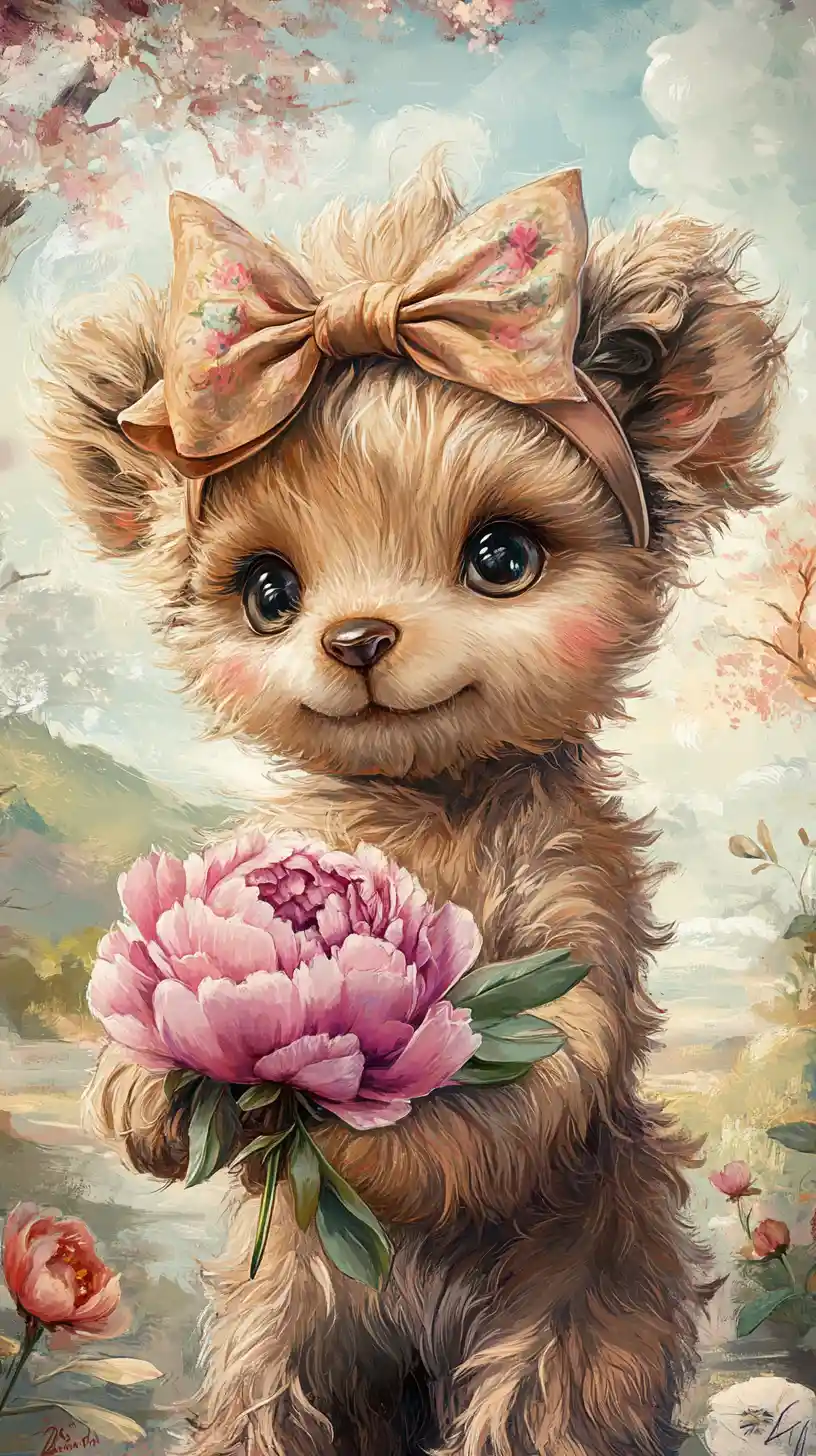 Cute teddy bear with bow holding peony in spring landscape