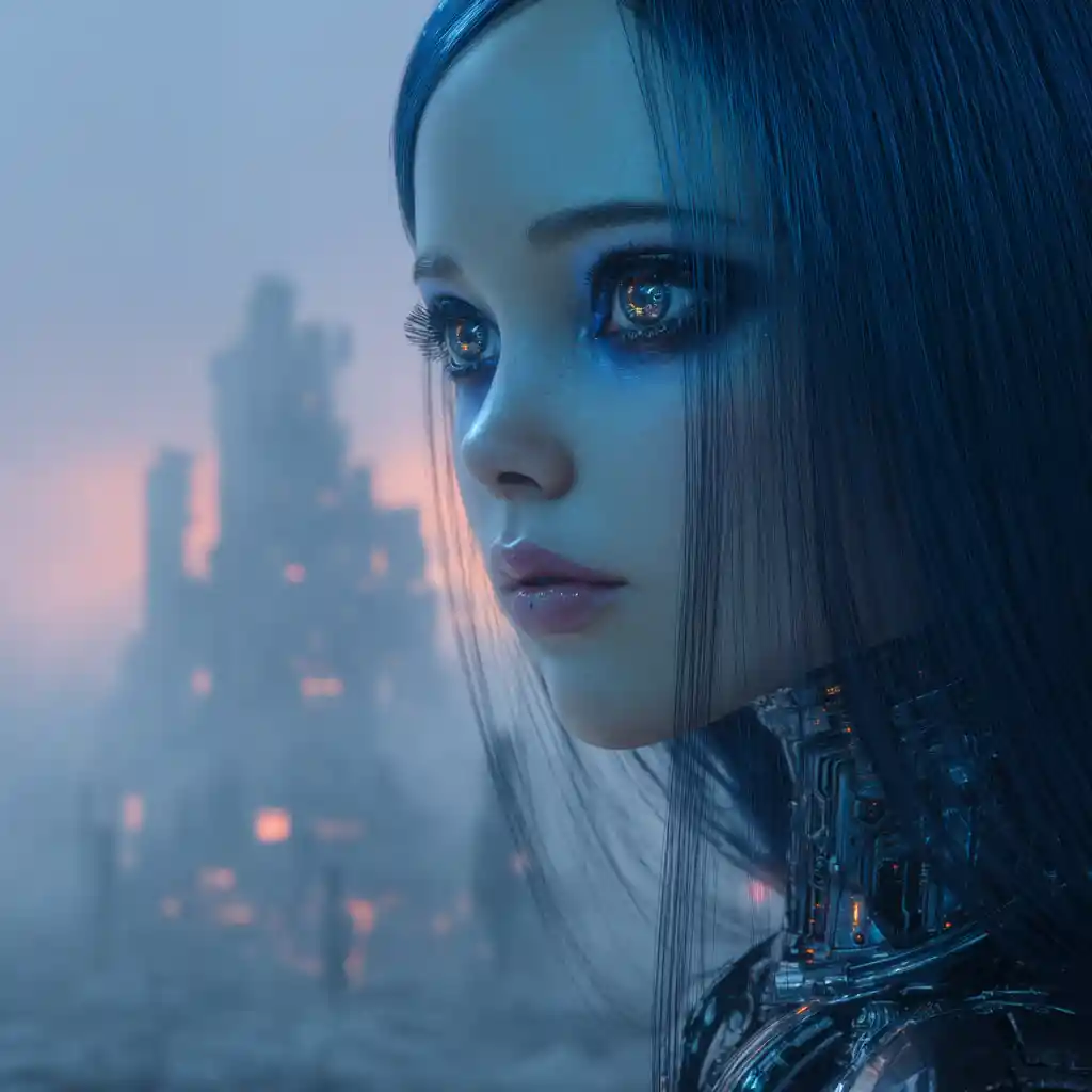 Mulher cyberpunk em close em cidade pós-apocalíptica enevoada