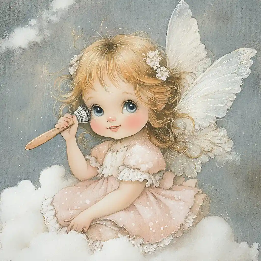 Little angel girl combing her hair on soft clouds