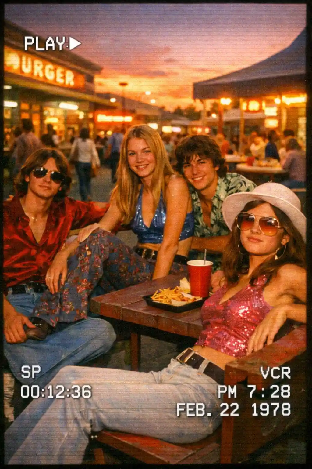 Adolescenti rilassati degli anni ’70 che si ritrovano in un food court al tramonto