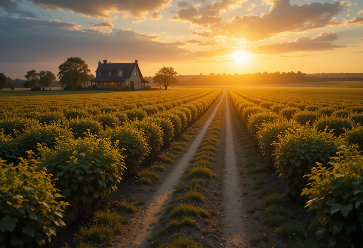 Goldenes Sonnenlicht über Feldern führt zu einem gemütlichen Bauernhaus