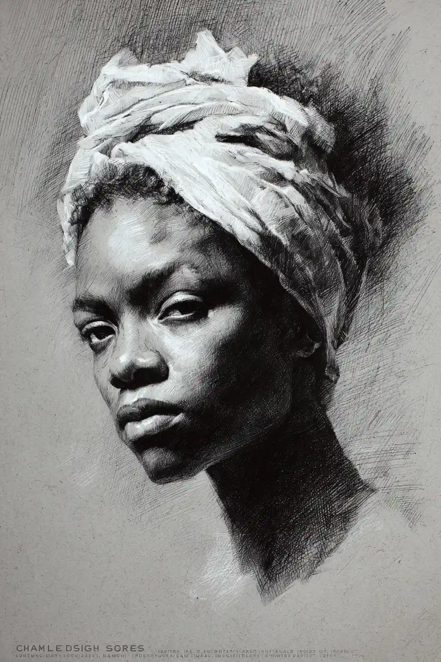 Graphite portrait of a young woman with defiant downward gaze