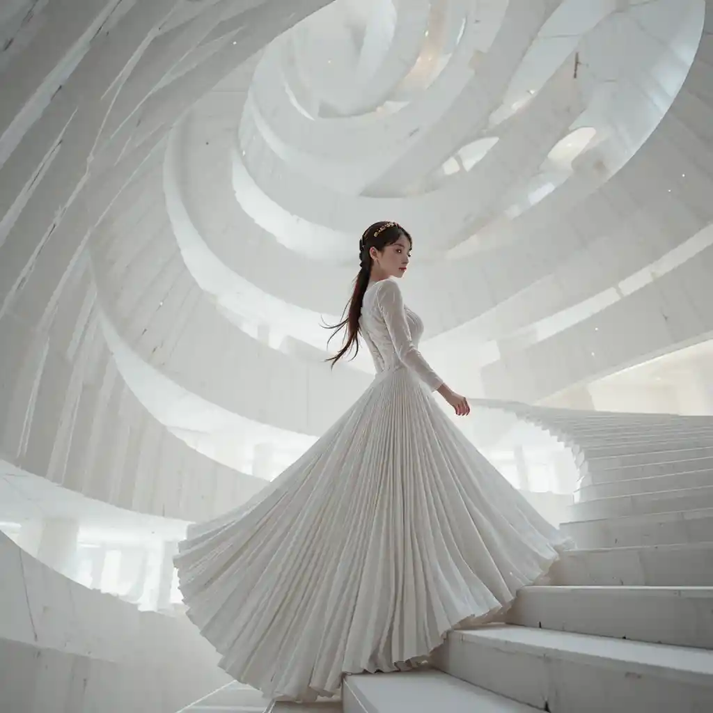 Giovane donna in abito bianco scultoreo su rampa a spirale