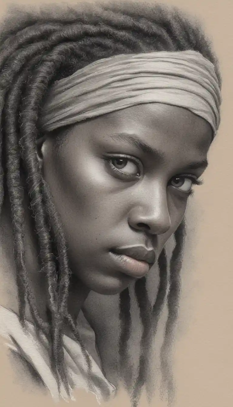 Graphite portrait of a young woman with intense downward gaze