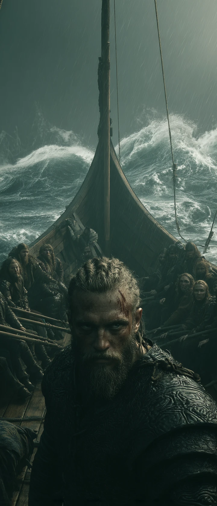 Re vichingo che guida la sua nave attraverso una tempesta furiosa