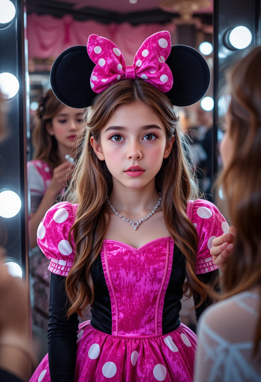 Ragazzo con vestito rosa di Minnie che si trucca in boutique