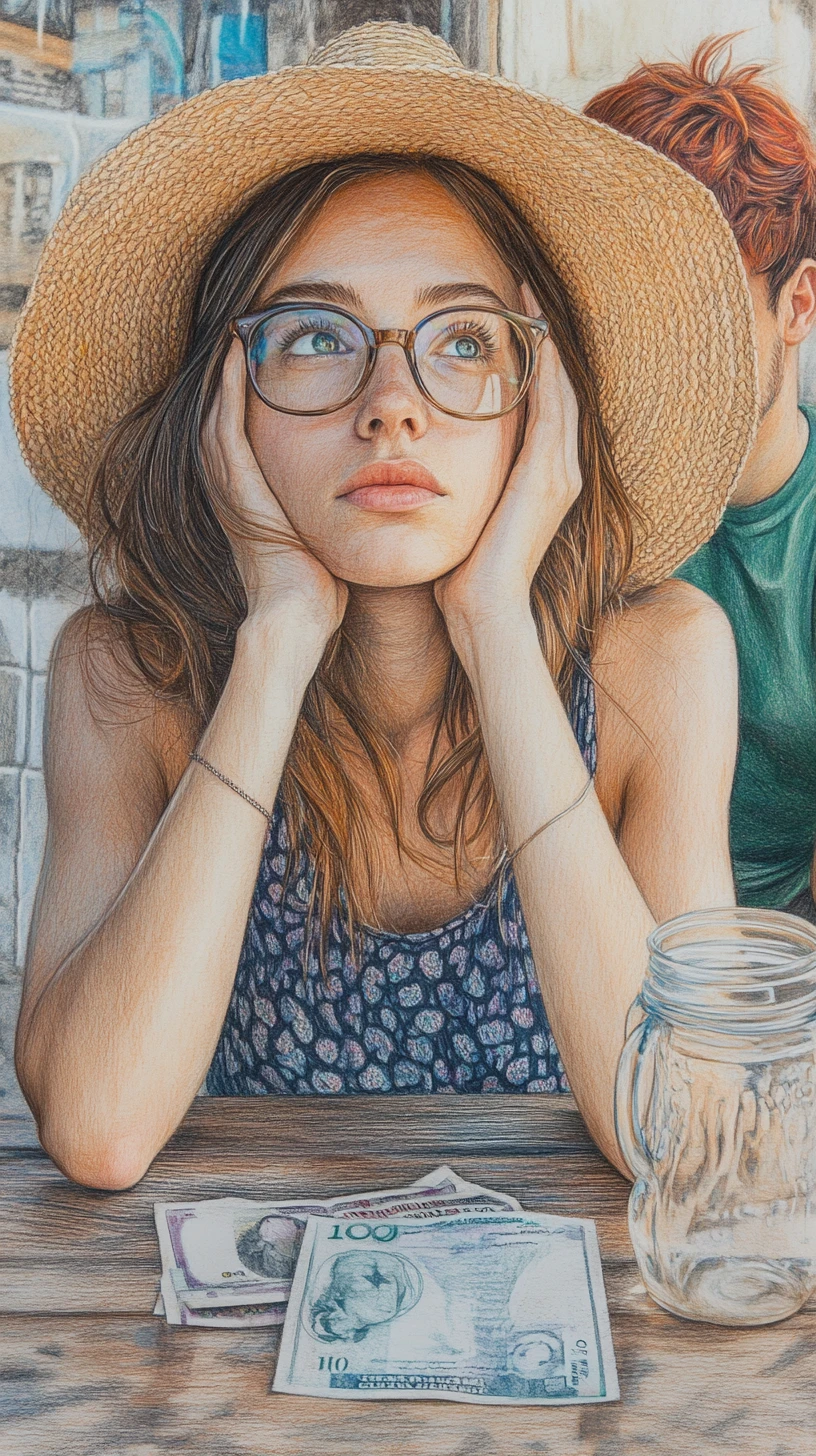 Young woman in straw hat at quiet outdoor cafe table