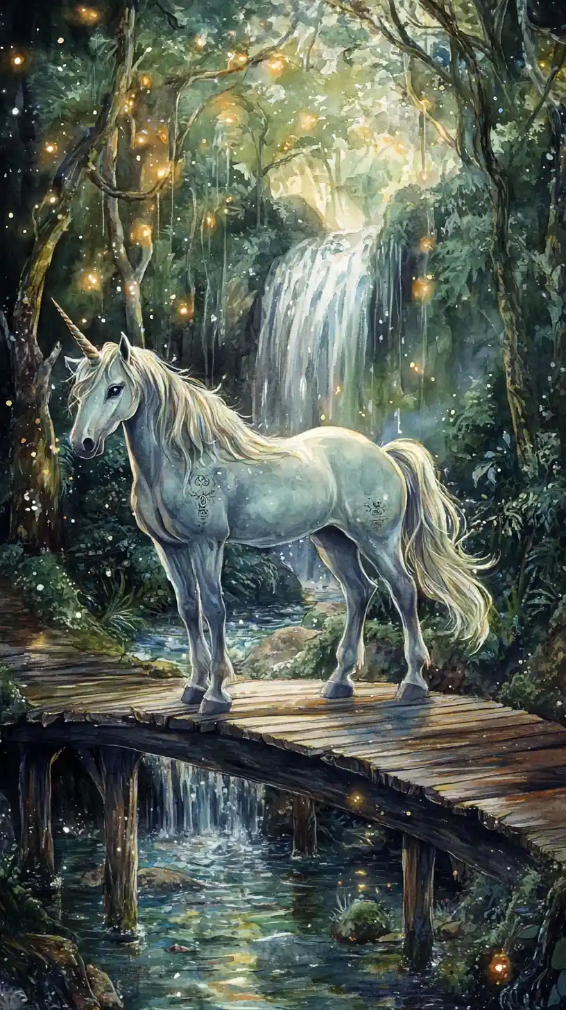 Unicorno magico in una foresta da fiaba con cascata