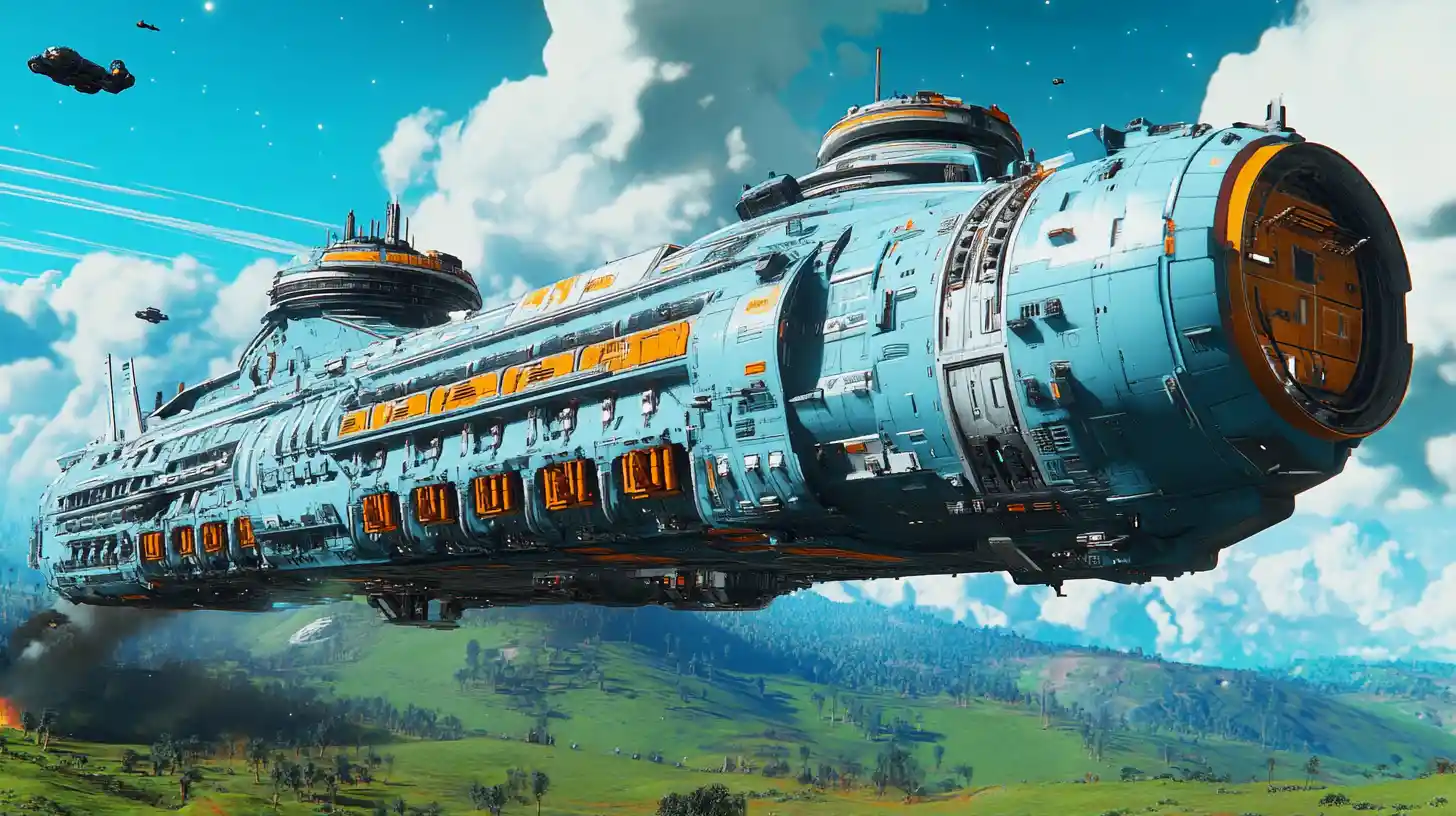 Gigantic futuristic cargo spaceship landed on green grassland