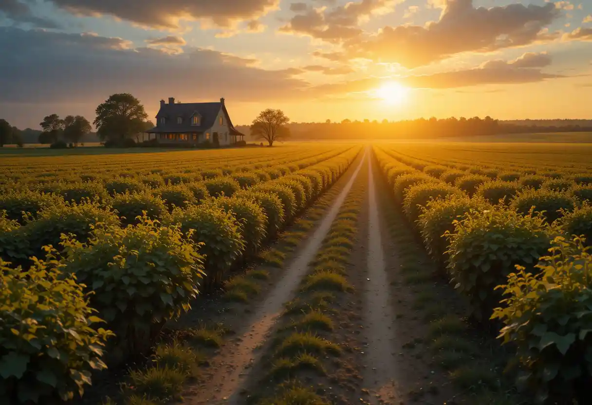 Goldenes Sonnenlicht über Feldern führt zu einem gemütlichen Bauernhaus