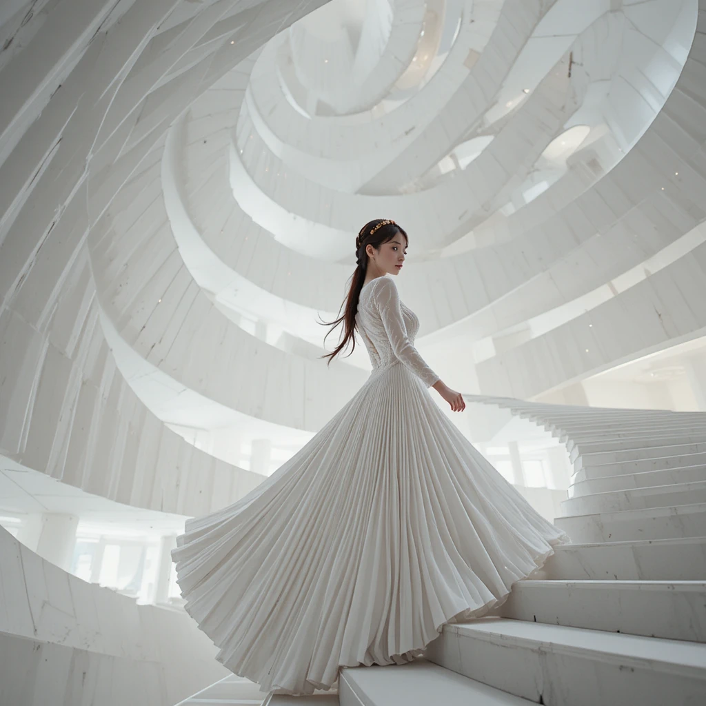 Giovane donna in abito bianco scultoreo su rampa a spirale