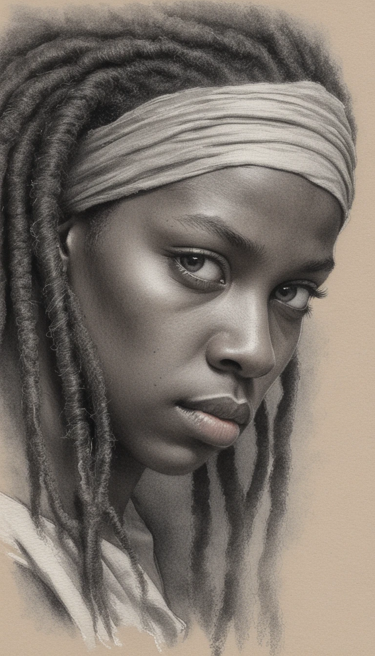Graphite portrait of a young woman with intense downward gaze