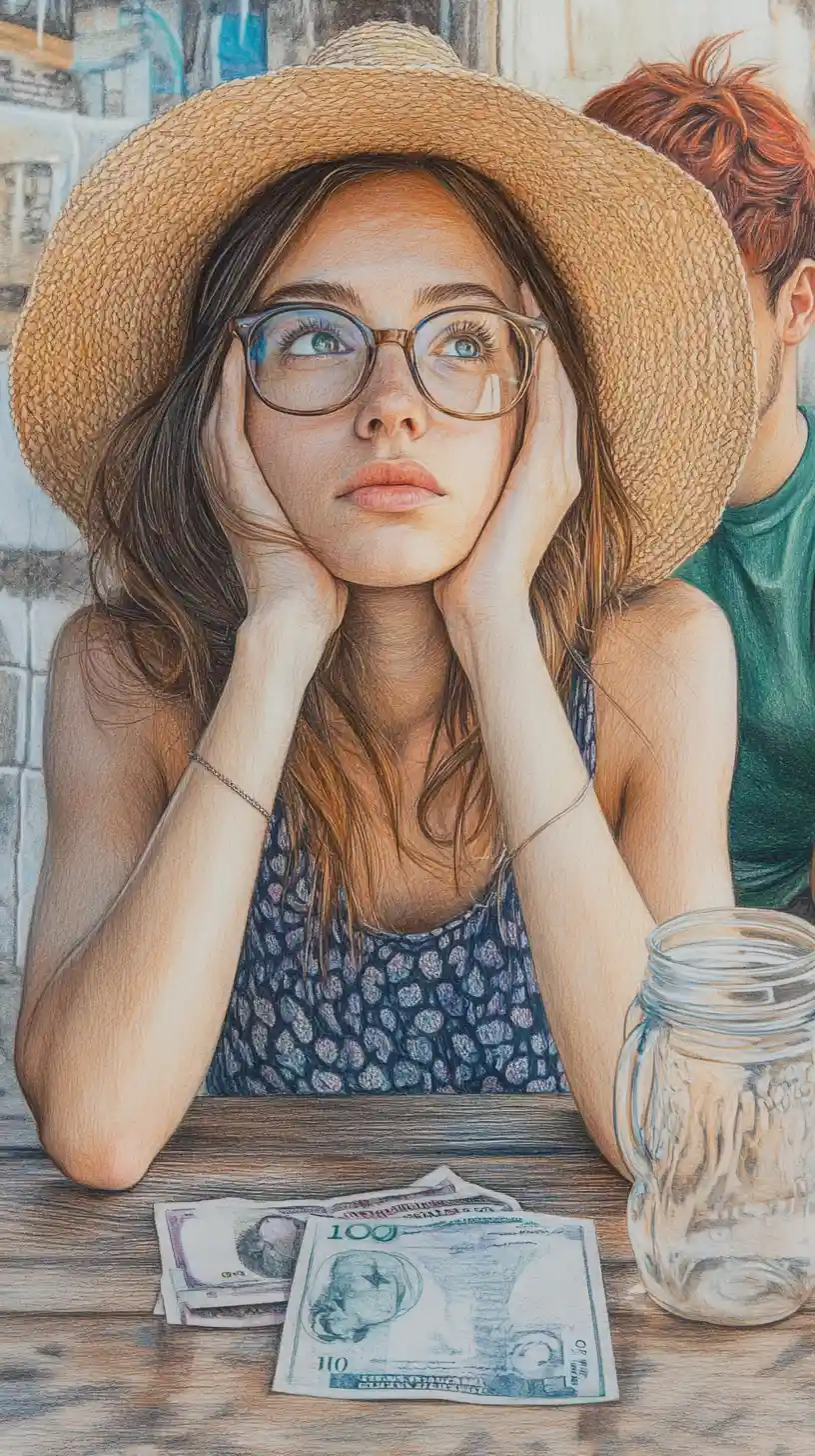 Young woman in straw hat at quiet outdoor cafe table