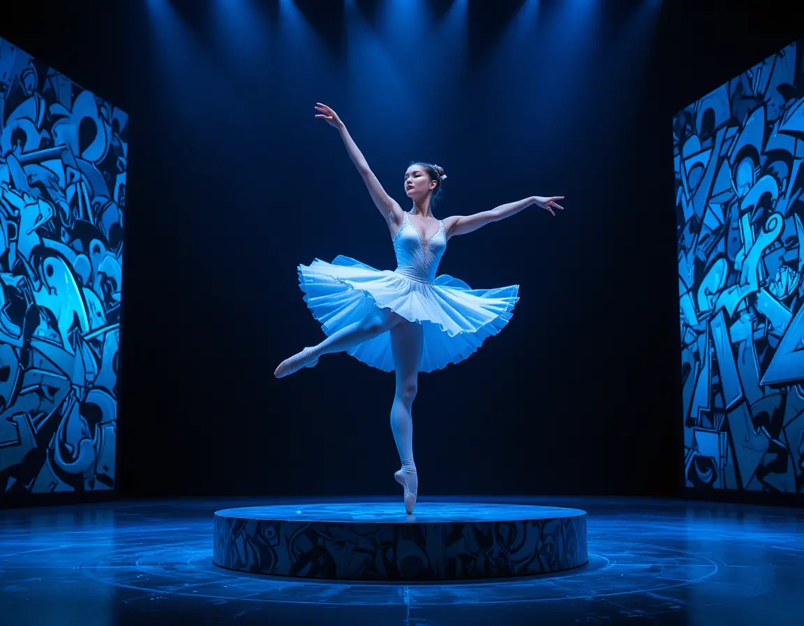 Männliche und weibliche Balletttänzer springen auf blau beleuchteter Bühne