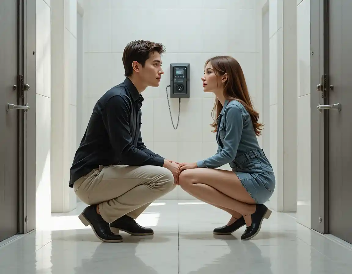 Man and woman facing each other in bright public restroom