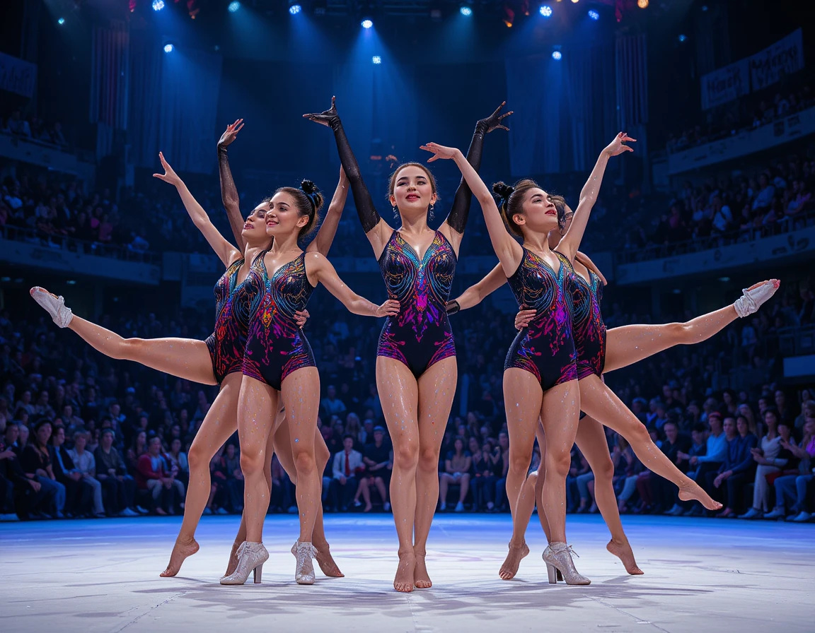 Female athletes in synchronized rhythmic gymnastics stage performance