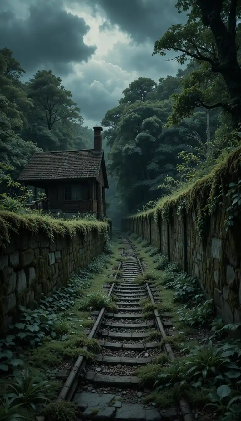 Overgrown railway through a dark abandoned village