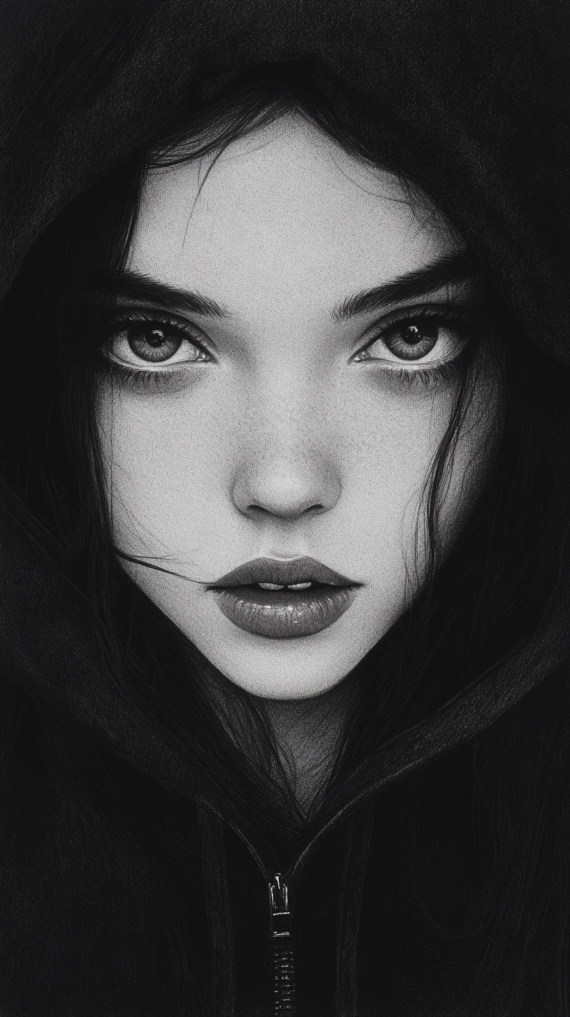Monochrome graphite portrait of a mysterious girl in a hood