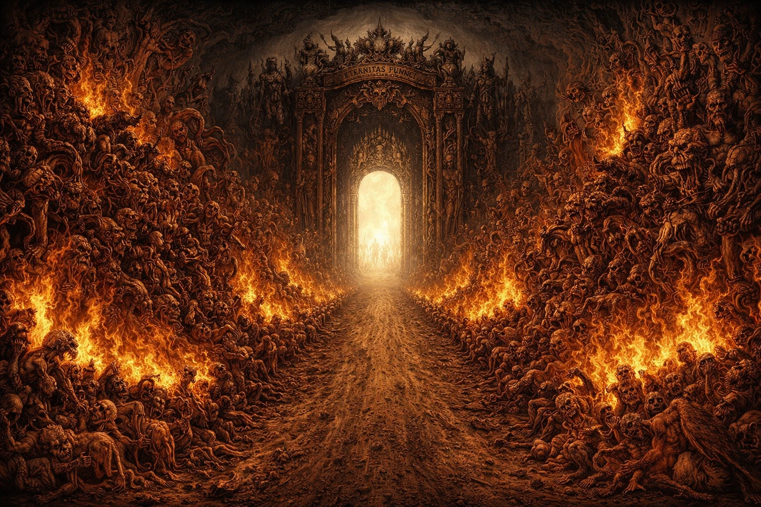 Surreal dirt road of flames guarded by strange creatures
