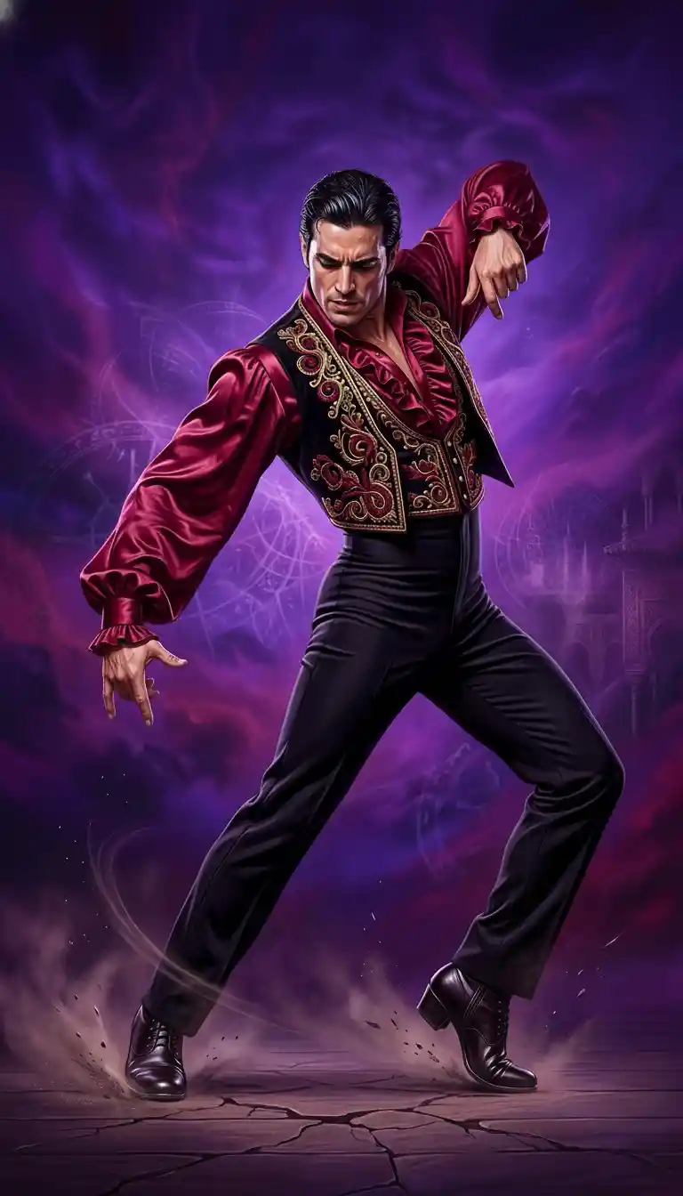 Male flamenco dancer in red and black with surreal violet glow