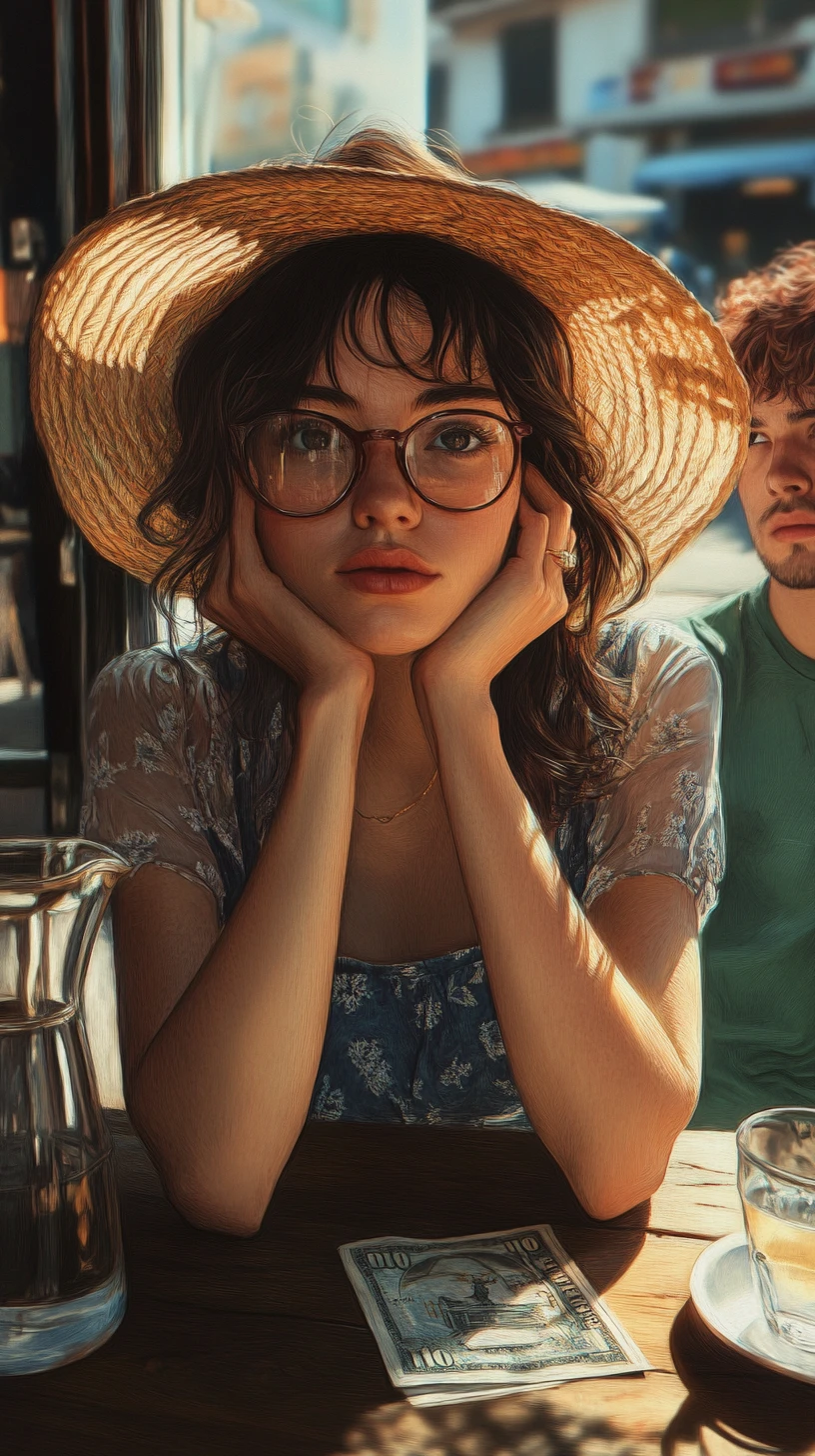 Thoughtful girl at a quiet outdoor cafe table