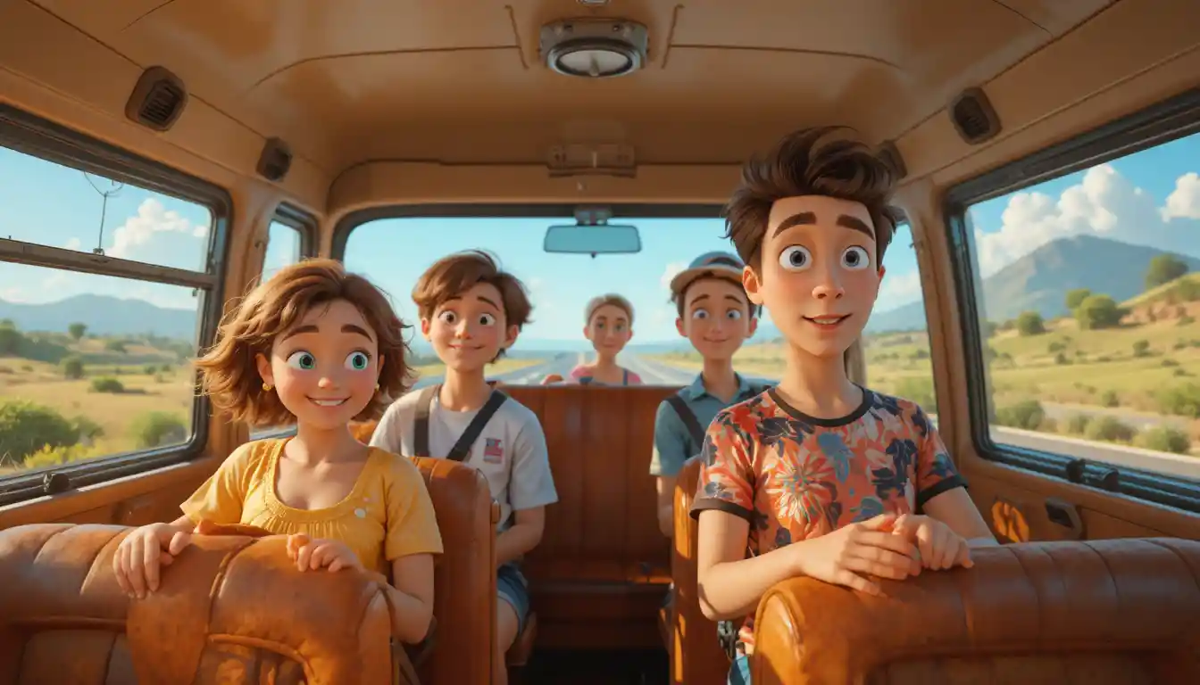 Playful clay characters riding a bus on a summer highway