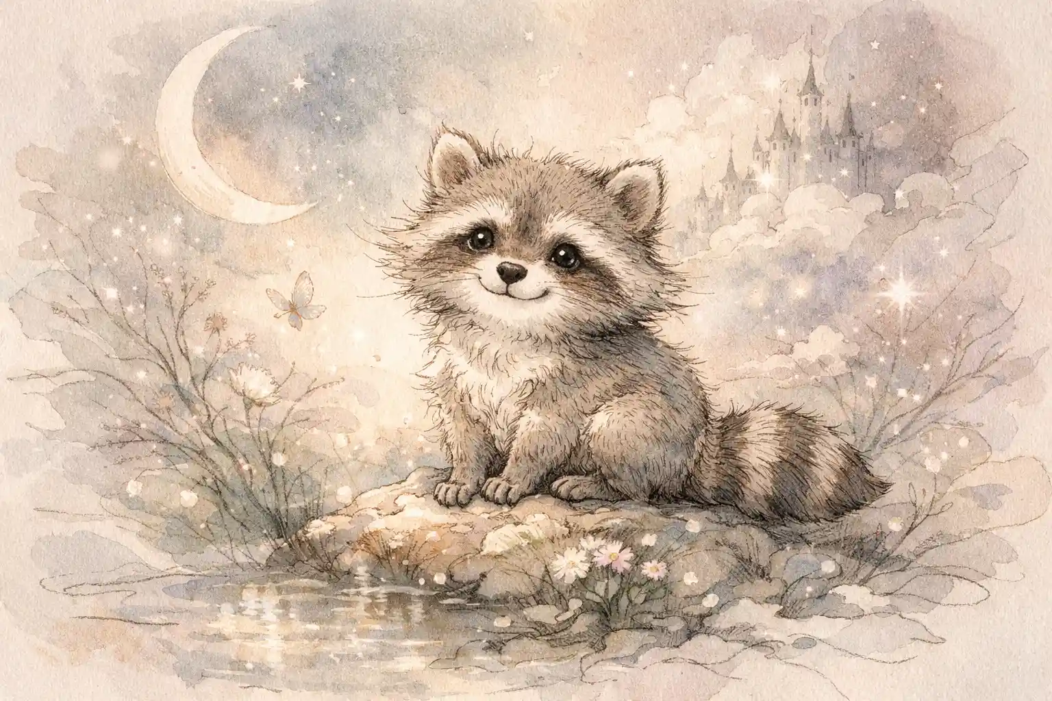 Smiling raccoon pen and wash illustration in soft pastels