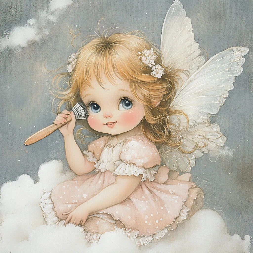 Little angel girl combing her hair on soft clouds