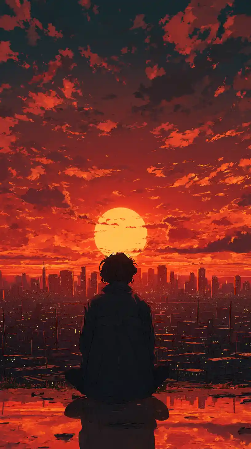Figura de anime observando o brilho do horizonte da cidade ao pôr do sol