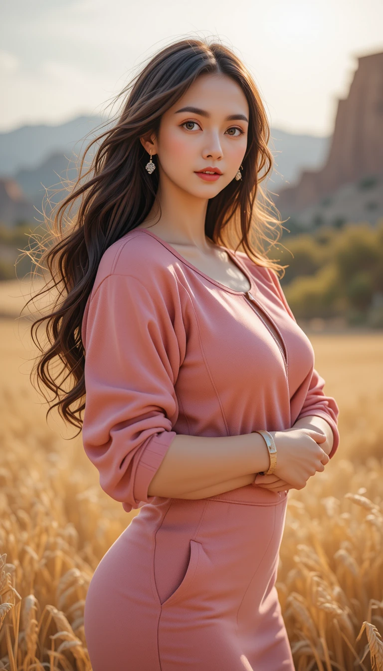 밝은 스튜디오 조명 속 자신감 있는 바시티 룩 여성
