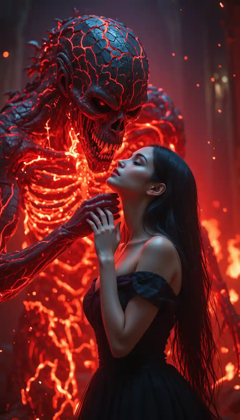 Donna dark fantasy di fronte a un demone fuso nella luce rossa