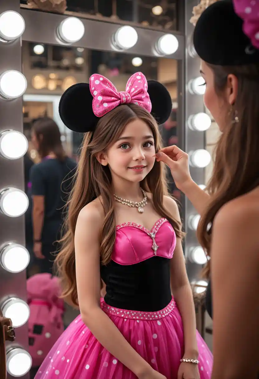 Ragazzino con abito di Minnie Mouse nel camerino di una boutique