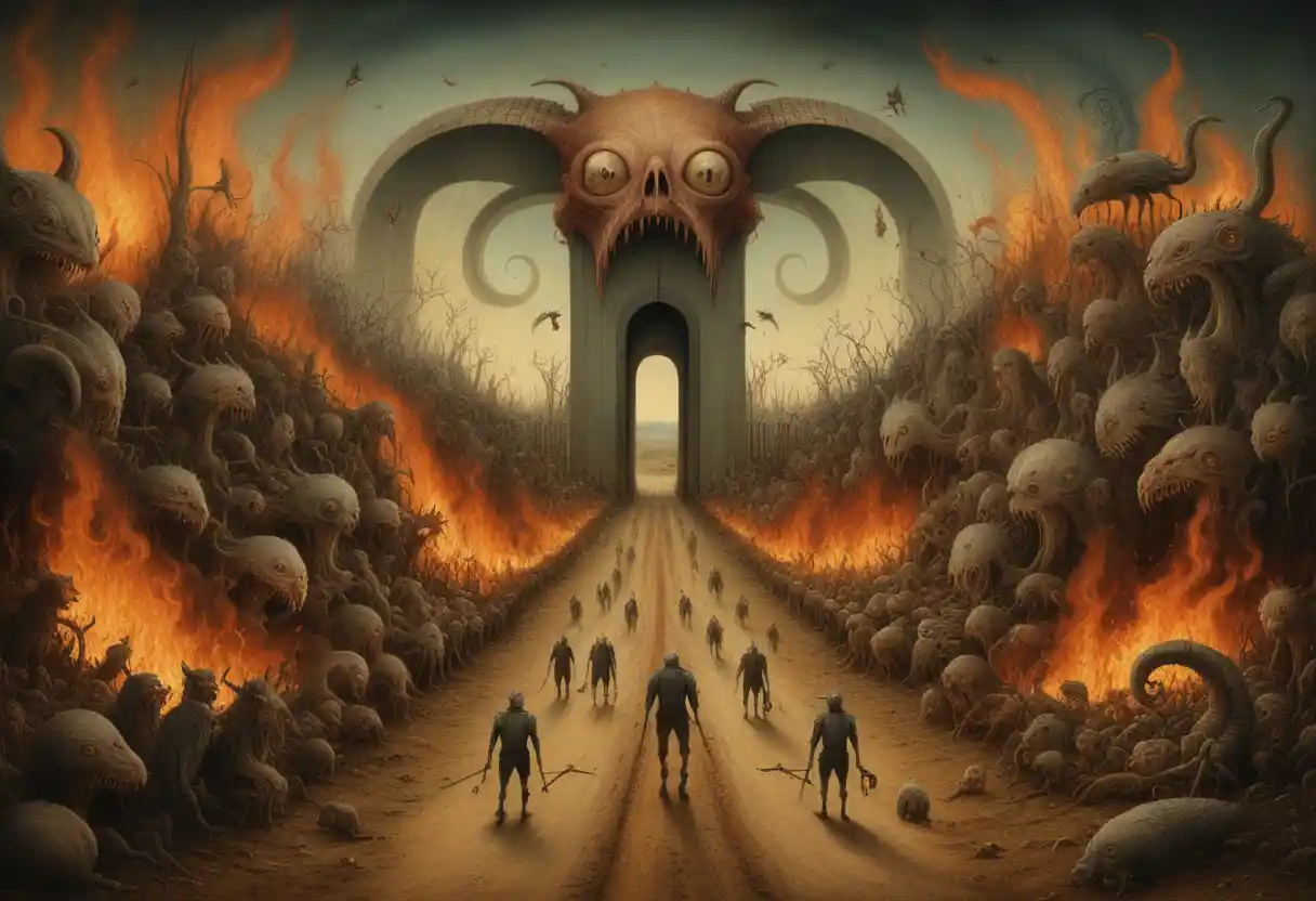 Surreal dirt road of torment with monsters and fire