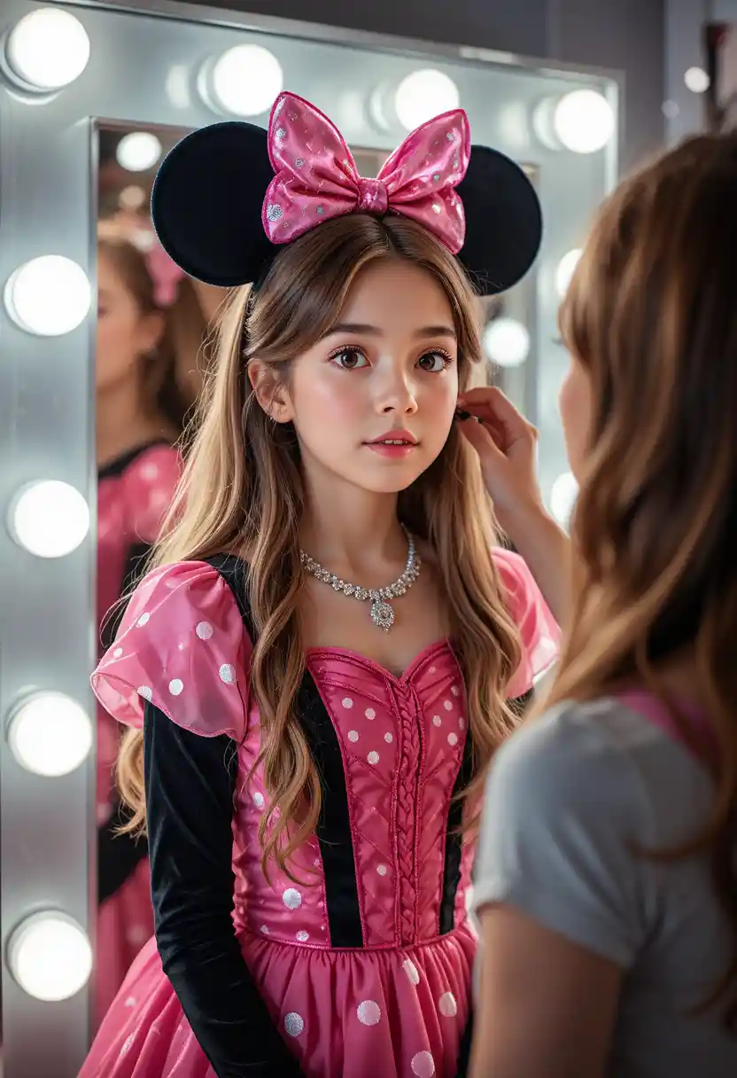Boy in pink Minnie dress getting makeup in boutique dressing room