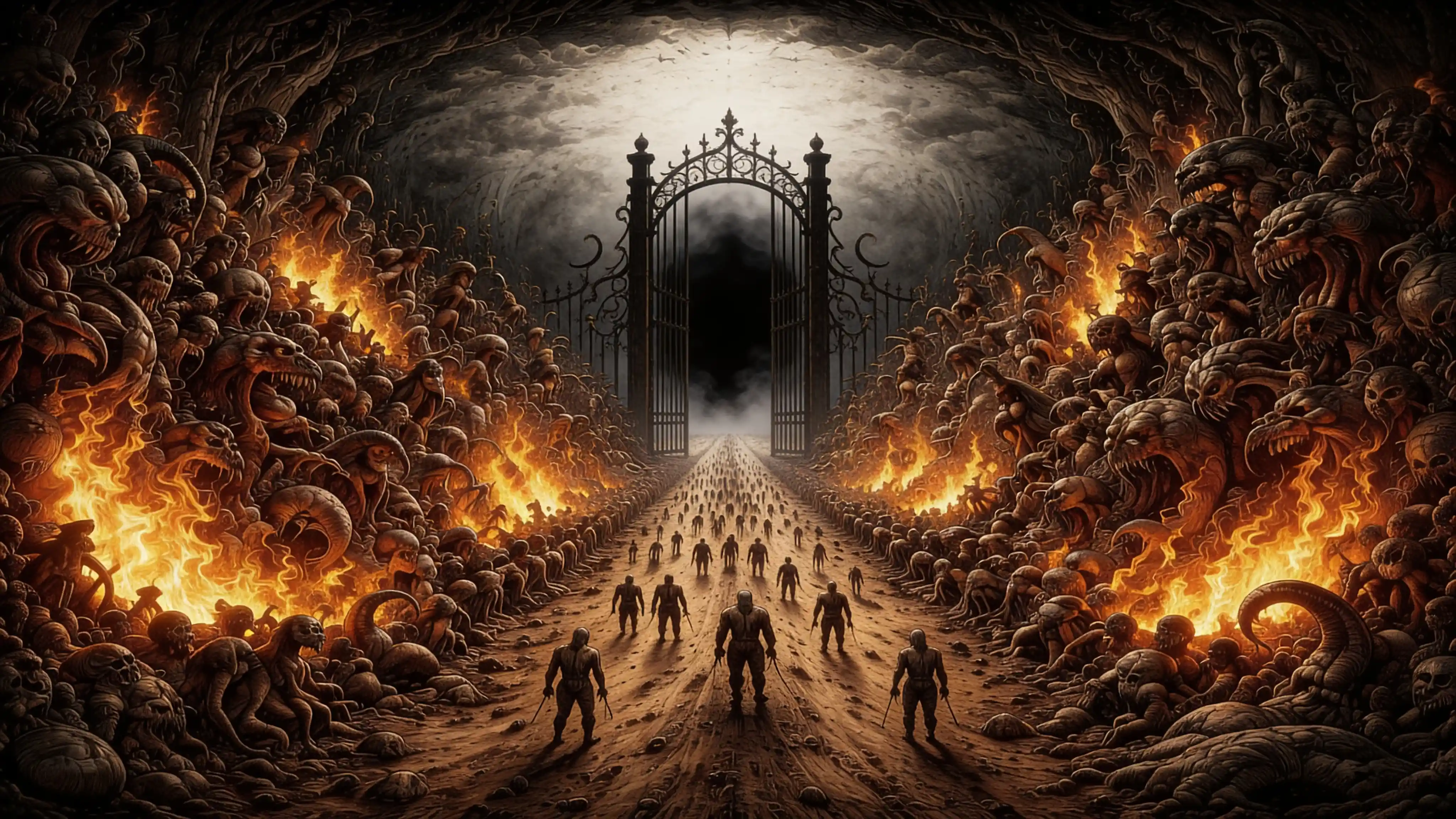 Surreal hellscape road lined with flames and bizarre creatures