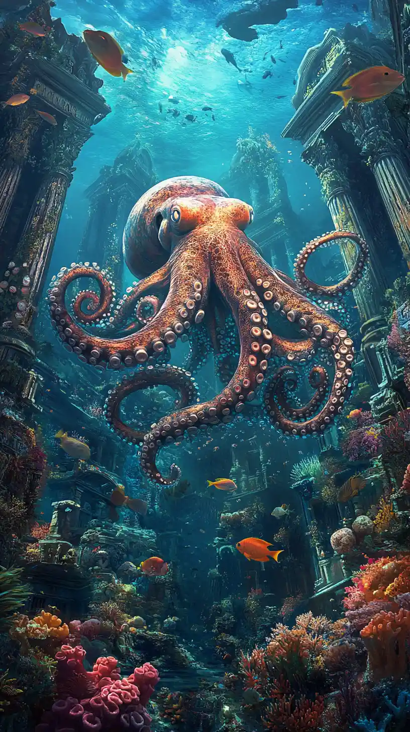 Majestätischer Oktopus gleitet durch eine surreale versunkene Stadt